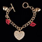 NEW Gold Tone Rhinestone Heart & Red Lips Charm Bracelet