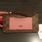 NWT $150 Coach Khaki & Petal Pink Coated Canvas & Leather Zip Top Wristlet 37565