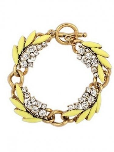 New Yellow Enamel & Rhinestone Leaf Gold Tone Chain Link Toggle Bracelet WOW!