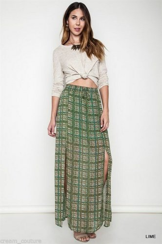 New UMGEE Lime Green Plaid Print Erin Maxi Skirt with Dual Slits Size S M L