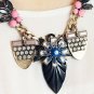 New Black, Pink & Blue Enamel & Rhinestone Antique Gold Chain Link Necklace