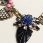New Black, Pink & Blue Enamel & Rhinestone Antique Gold Chain Link Necklace