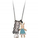 New Wooden Rabbit, Lace & Faux Pearl Pendant Long Charm 32" Necklace in Black