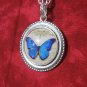 Glass Pendant and Chain, Silver Plated, with Blue Butterfly, Handmade