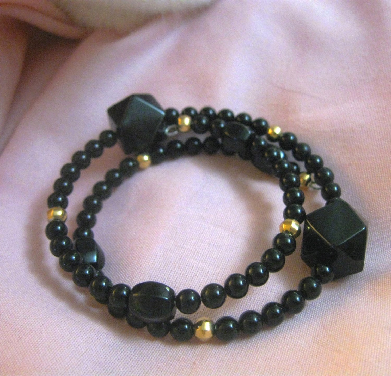 Vintage Black Onyx Beaded Wrap Bracelet, Memory Wire Genuine Gemstone Upcycled Bracelet