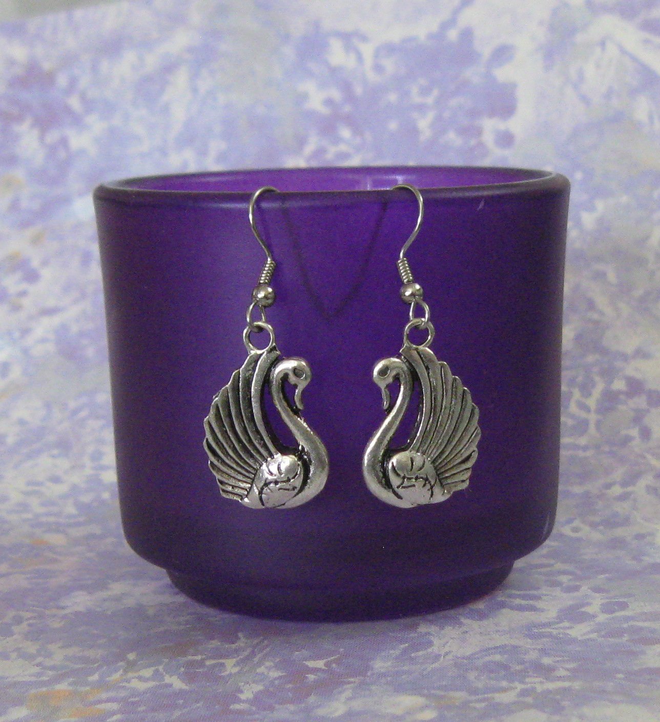 Swan Charm Dangle Drop Earrings, Siliver Plated with Pierced Hooks, Leverbacks or Clip Ons