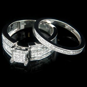 14k Gold Diamond Engagement Ring Set with princess cut diamonds 1.60 ctw