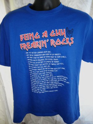 Funny BEING A GUY ROCKS Blue T-Shirt Size Medium Read the List