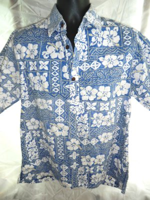 Reverse Hawaiian Pull-Over Shirt Size Medium Toes On The Nose Blue White Floral