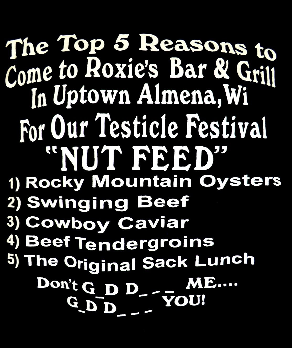 Testicle Festival T-Shirt Size XL Roxie’s Almena Wisconsin Bar