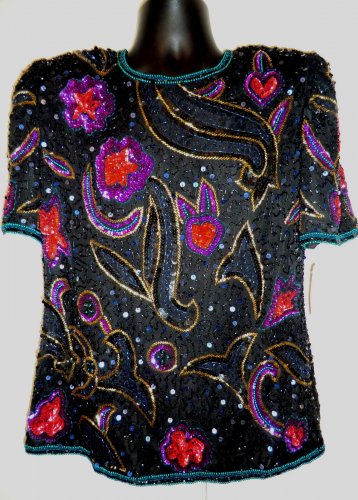 Vintage Lawrence Kazar Beads & Sequin Beaded / Sequin Black Top Size Small NWT