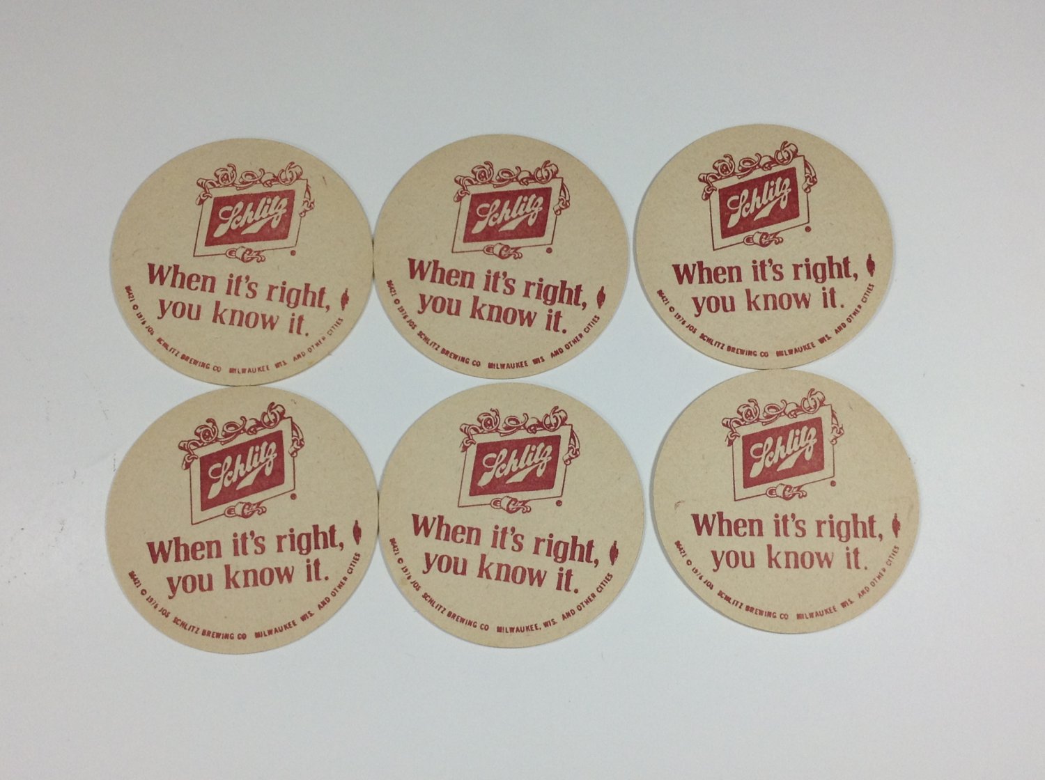 6 Schlitz Beer coasters vintage
