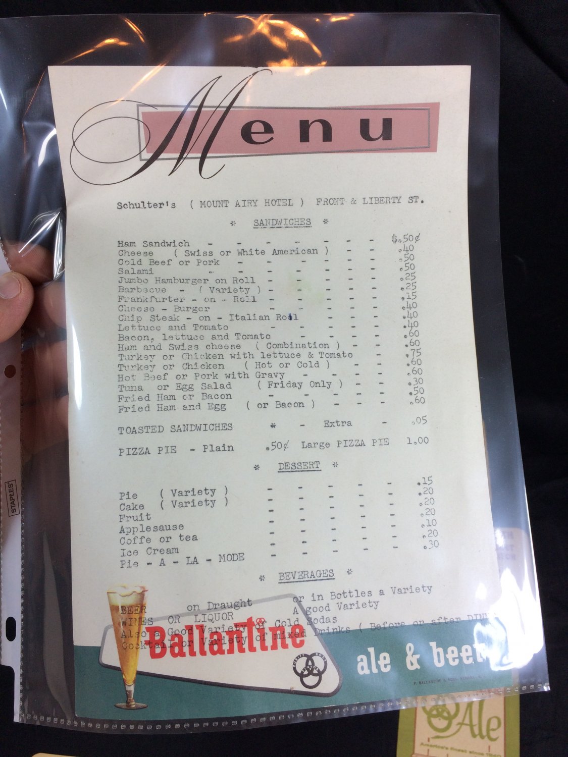 Ballantine Menu and 8 Beer Coasters mount airy hotel