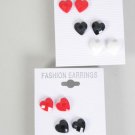 Earrings 3 Per Poly Hearts Red White Black Mic/DZ **New Arrival** Color Asst