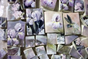 ~IRIS & HUMMINGBIRD CHINTZ~ 50+ Mosaic Tiles