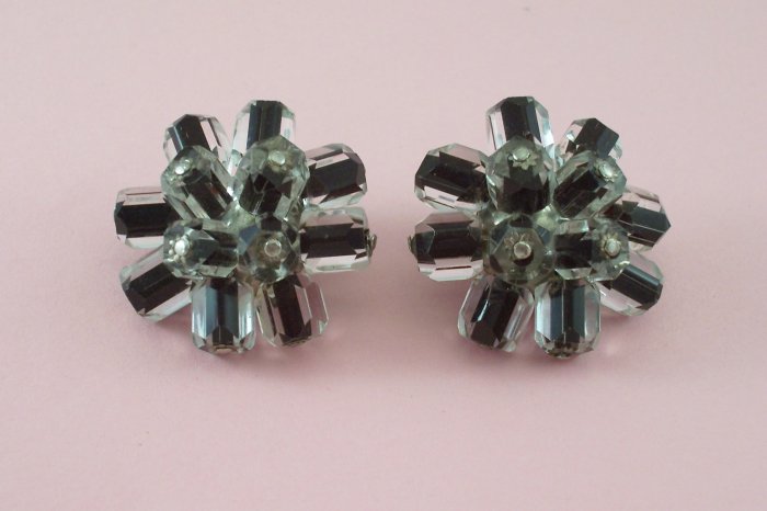 Vintage Clear and Black Glass Beaded Earrings Japan Signed