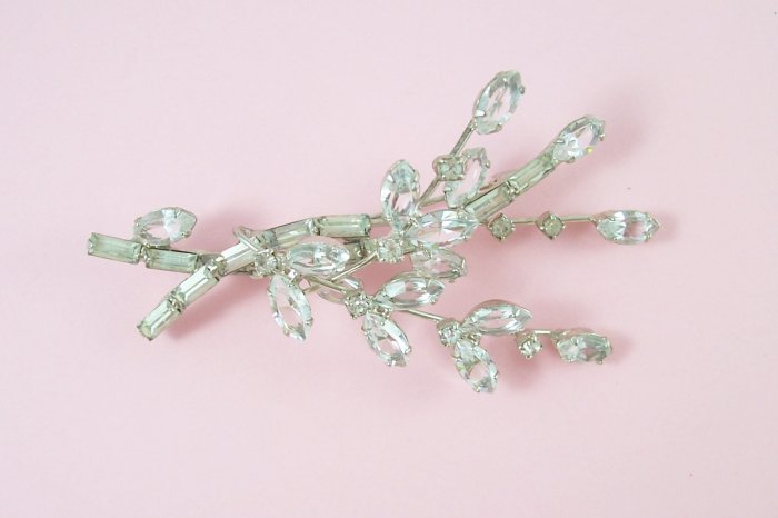 Vintage Rhinestone Brooch Floral Spray Baguettes and Navettes Wire Over Construction