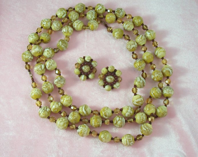 Vintage Beaded Necklace Earrings Set Topaz Aurora Borealis Crystals
