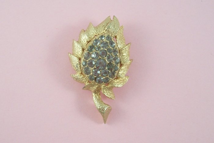 Vintage Eisenberg Ice Brooch Black Diamond Rhinestone Gray Flower