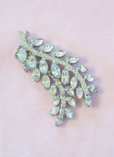 Vintage Rhinestone Brooch Double Leaf Layered Design Pave Set Stems