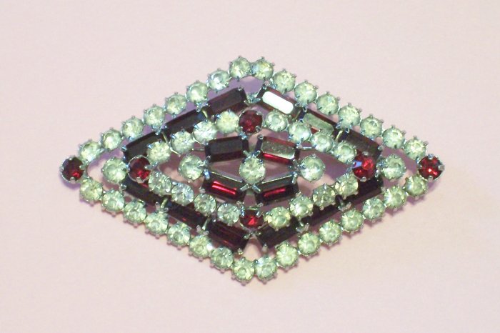 Vintage Red Baguette Rhinestone Bar Brooch Art Deco Tiered Design