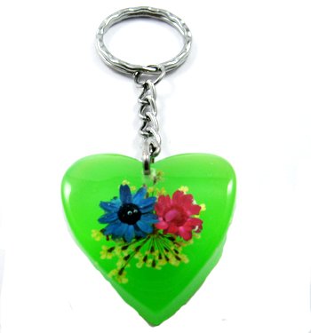 Green Heart Shape Amber Real Flower Key Chain Keyring NO.9