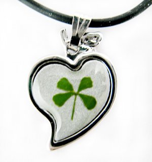 Real Four 4 Leaf Clover Charm Necklace Pendant Heart