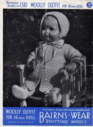 Vintage knitting pattern for 16in doll/reborn outfit. Bairnswear 1310