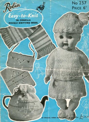 Vintage knitting pattern for Dolls outfit, scarf, tea cosy, purse & pot holder. PDF