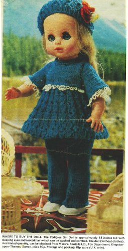 Vintage Knitting pattern for 13" 33cm dolls.From a magazine. Dress trousers hat. PDF