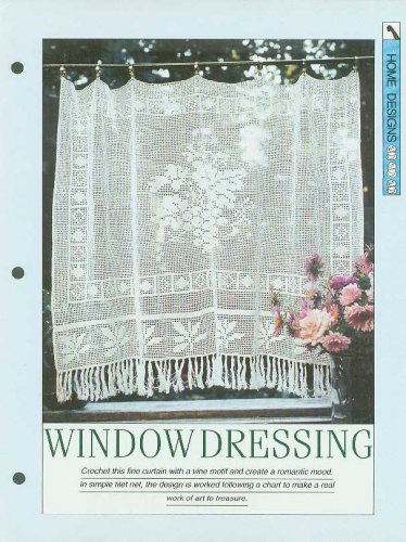 Crochet pattern for filet net curtain with a central vine motif and leaf border