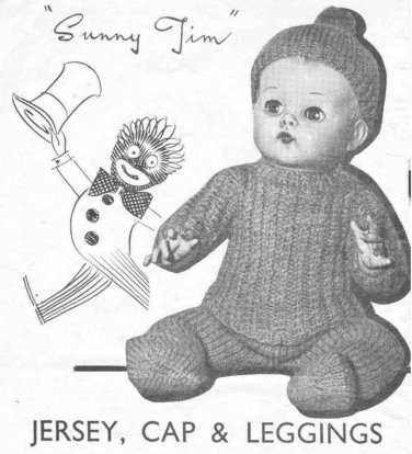 Vintage knitting pattern for boy dolls/reborns. Sunny Jim. 10" - 16" 26 - 41cms. PDF