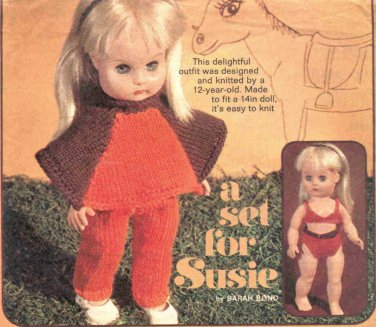 Vintage Knitting pattern for easy outfit to fit a 14in doll A set for Susie. PDF