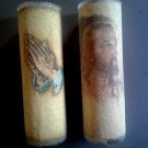 Frosted Sugar Glass Prayer Candle 9" Pillar Set Vintage 60s/70s Holiday Xmas / Easter