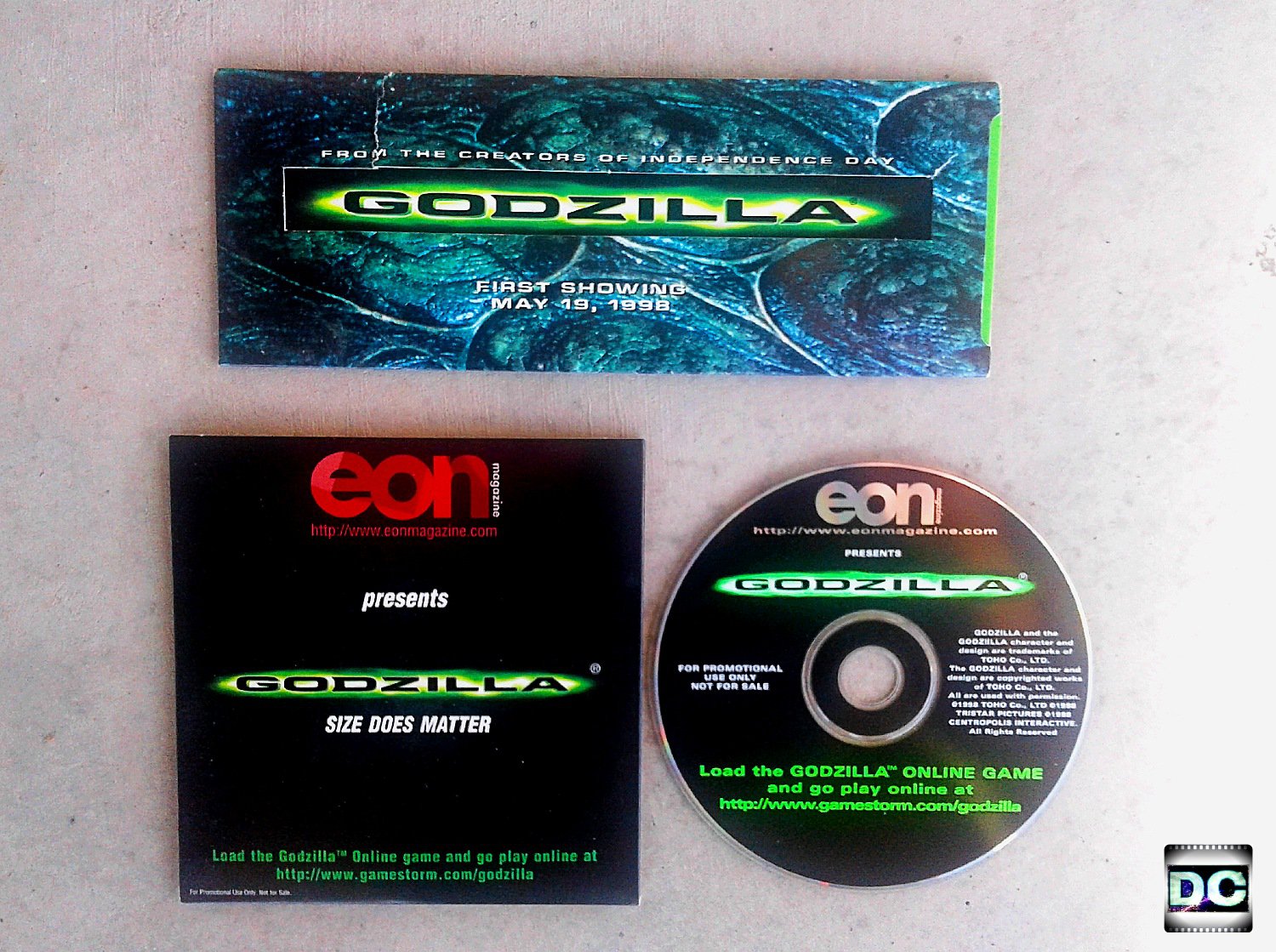 Vtg Godzilla Video Game & Film Cell Set 1998 Movie Promo TriStar Toho PC CD Demo Disc