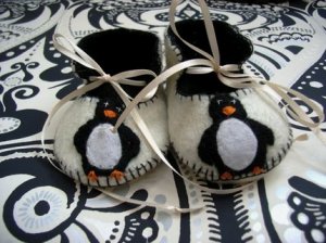Cream & Black Booties with Penguins, 3-6 months (RM 80)