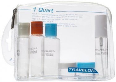 Travelon 1 Quart Zip Top travel case with 6 bottles TSA 3-1-1 toiletry bag