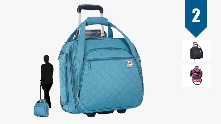 Delsey Quilted Overnighter rolling underseat wheeled tote Teal blue aqua