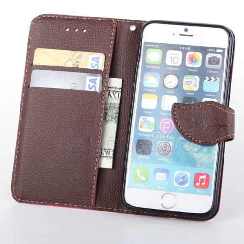 iPhone 4g 4 4S Leather leaf Case flip stand wallet CC holder wrist strap Black Brown nib
