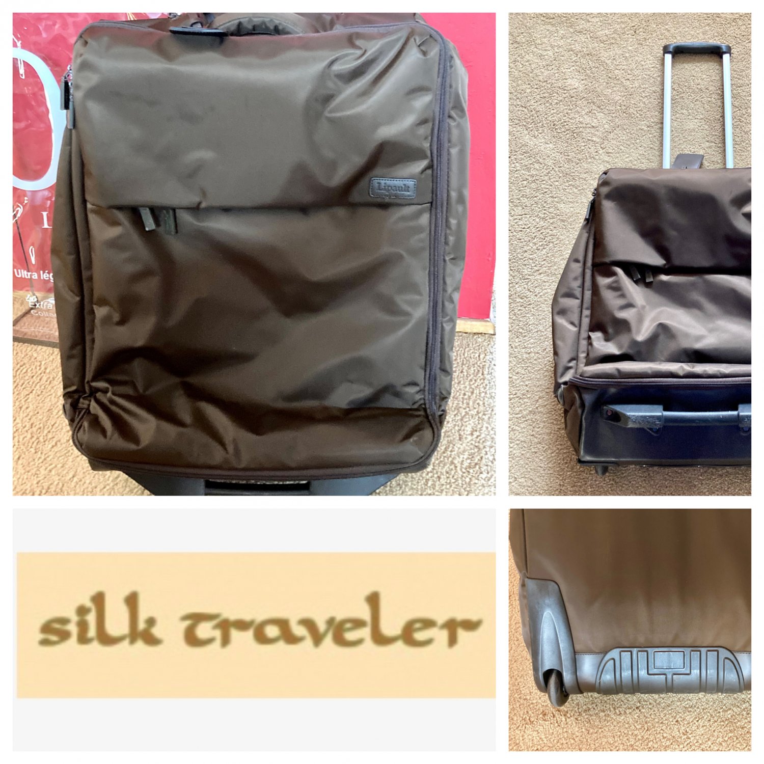 Lipault 0% Pliable foldable Med 2 Wheel 25" nylon suitcase retired Brown EUC