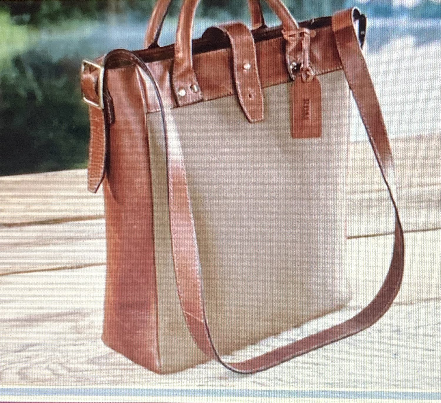 Levenger Adventurer North South canvas and leather vertical tote bookbag