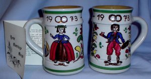 Austrian Stoneware Hand MadeColorful Wedding Mugs 1973 35th Anniversary