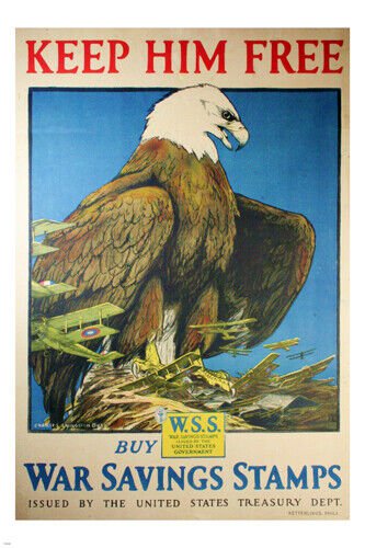 KEEP HIM FREE WW1 vintage USA poster EAGLE planes WAR savings stamps 20x30