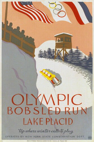 Olympic BOBSLED RUN Lake Placid vintage poster NY Conservation Dept 20x30