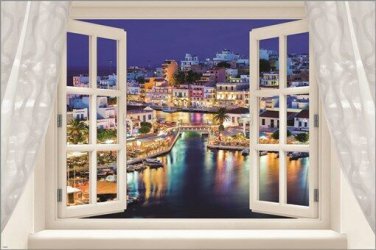 WINDOW into CRETE, GRECIAN ISLAND poster BOATS houses pastel light 20x30 HOT