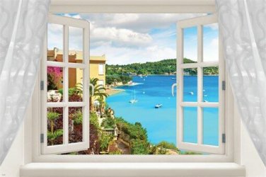 WINDOW into MEDITERRANEAN BEACH poster TURQUOISE OCEAN palms 20x30 UNIQUE