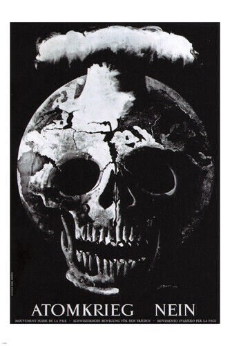 NO TO NUCLEAR WAR POSTER H. Erni Switzerland 1954 20x30 SKULL mushroom cloud
