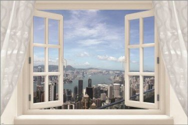 city landscape WINDOW POSTER skyscrapers blue sky water ONE-OF-A-KIND 20x30