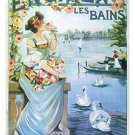 ENGHIEN LES BAINS vintage travel poster OLD FASHIONED flowers swans 20x30