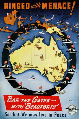 AUSTRALIA RINGED WITH MENACE WW2 war propaganda poster 20x30 RARE VINTAGE